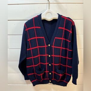 LEON LEVIN Navy Plaid Knit Cardigan – Size XL